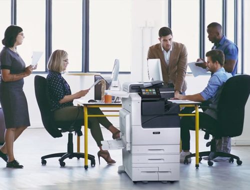 Team working in an office with printed papers and the colour multifunction printer Xerox® VersaLink® C7100 Series